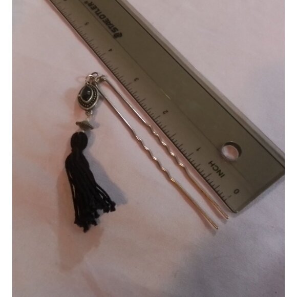 Vintage Metal Hair Stick With Black Tassel & Decorative Bead - Picture 2 of 3
